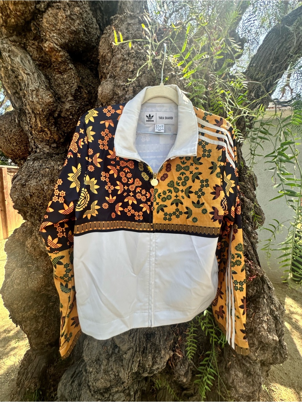 adidas Floral Panel Bomber Jacket in White & Mustard